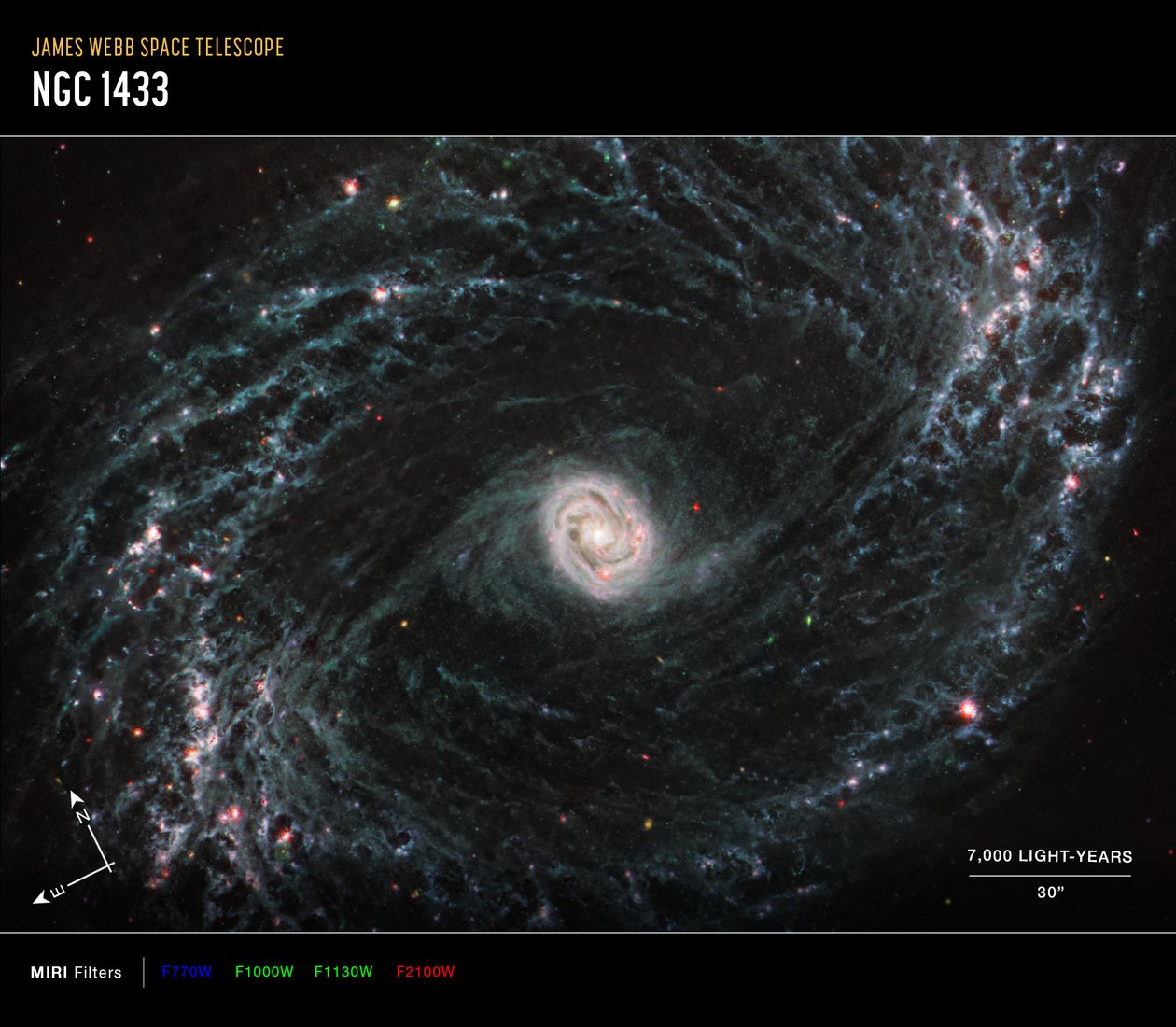 NGC 1433 (MIRI-kompassikuva) af James Webb Space Telescope (NASA)
