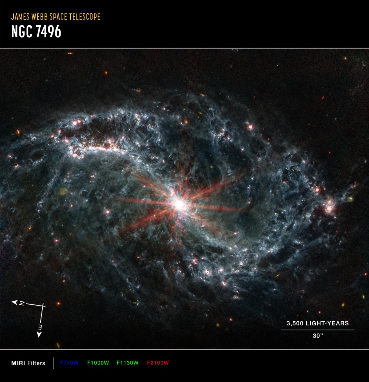 NGC 7496 (MIRI kompasbillede) af James Webb Space Telescope (NASA)