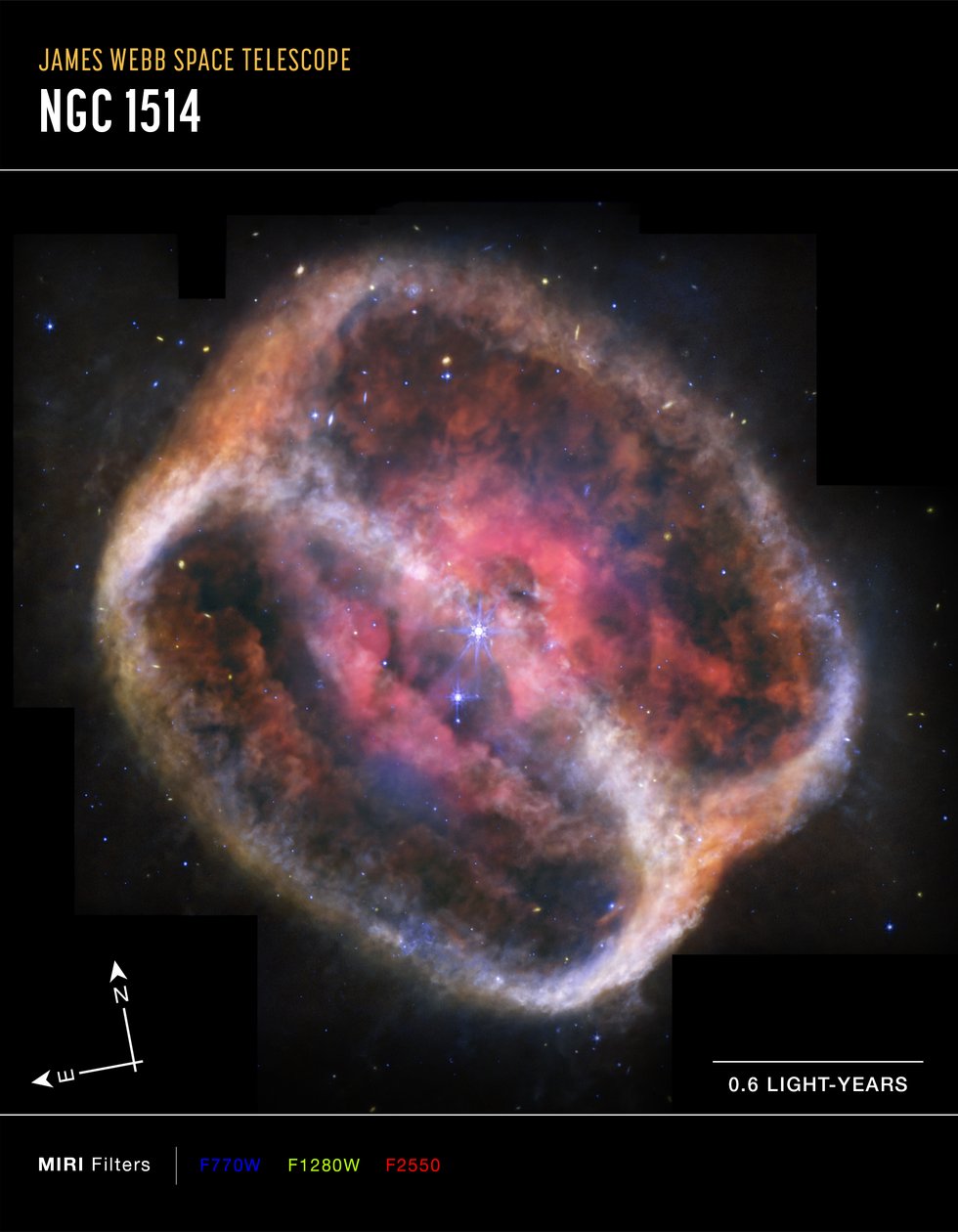 Planetarisk tåge NGC 1514 (MIRI Compass-billede) af James Webb Space Telescope (NASA)