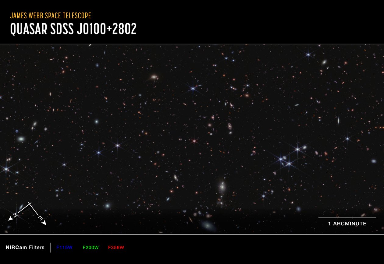 Quasar J0100+2802 (NIRCam kompasbillede) af James Webb Space Telescope (NASA)