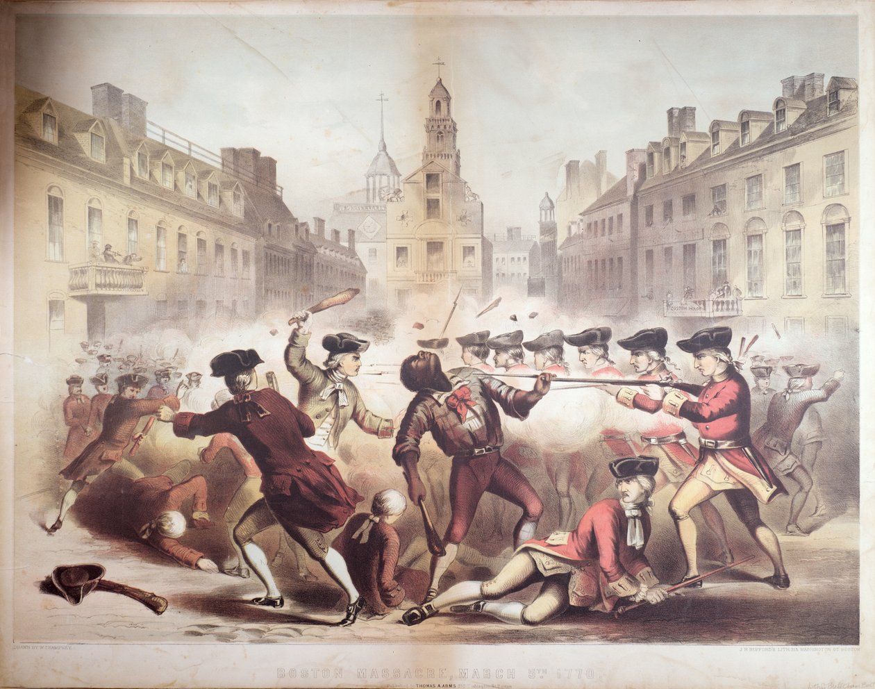 Crispus Attucks død ved Boston-massakren, 5. marts, 1770, 1856 (chromolitho) af James Wells Champney