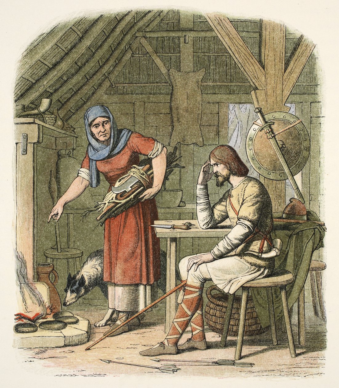 Alfred i nethyrdens hytte, ca. 878 e.Kr., fra A Chronicle of England BC 55 til AD 1485, pub. London af James William Edmund Doyle
