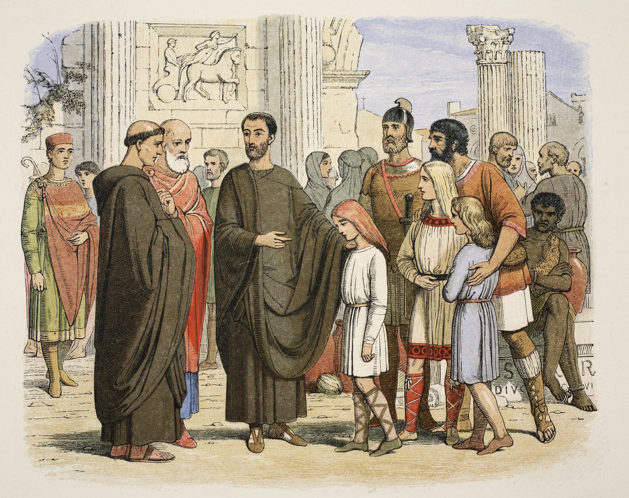 Gregory og de engelske slaver i Rom, 590 AD, fra A Chronicle of England BC 55 til AD 1485, pub. London, 1863 af James William Edmund Doyle