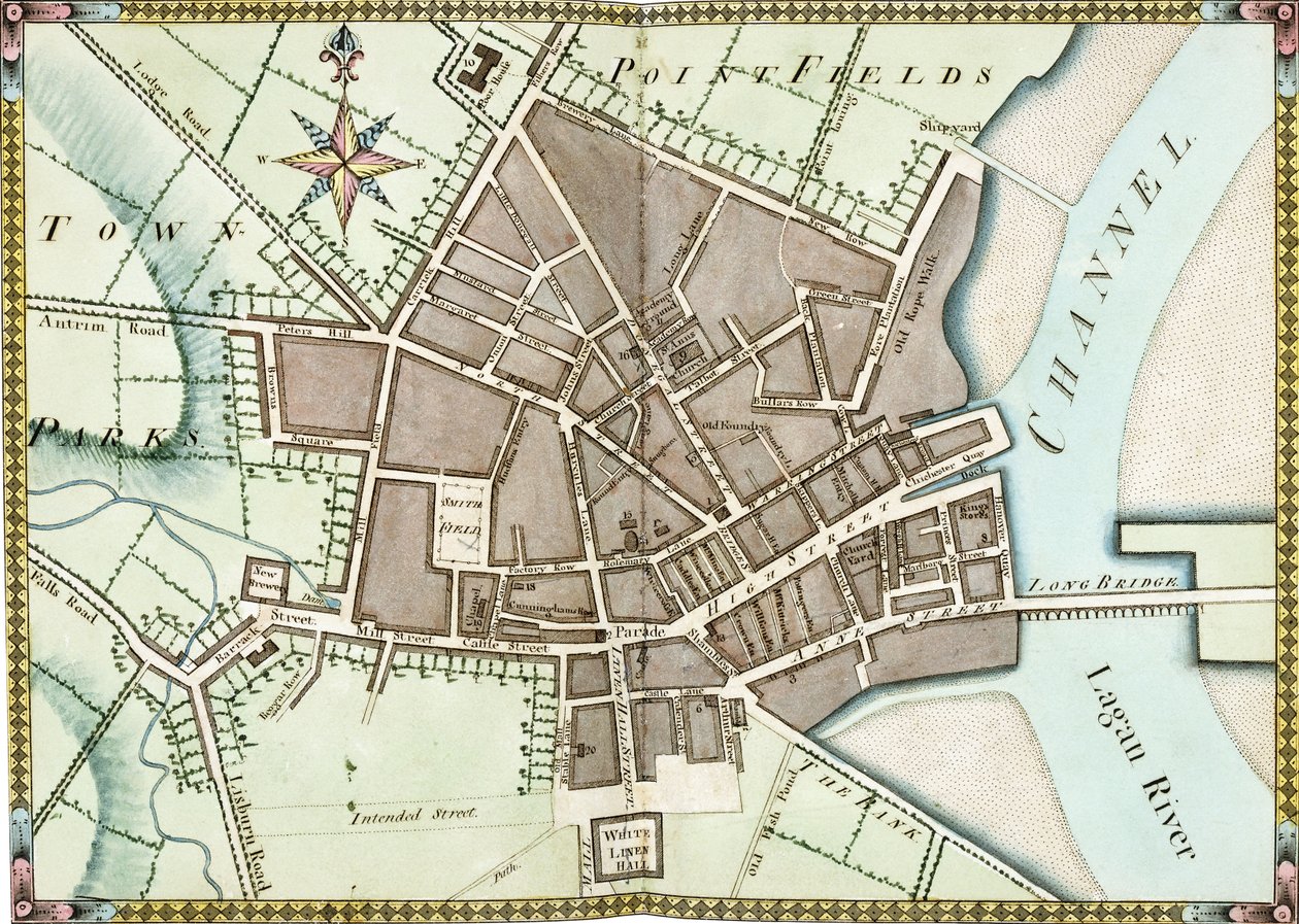 Dobbeltsidet akvarelplan af Belfast, ca. 1795 af James Williamson