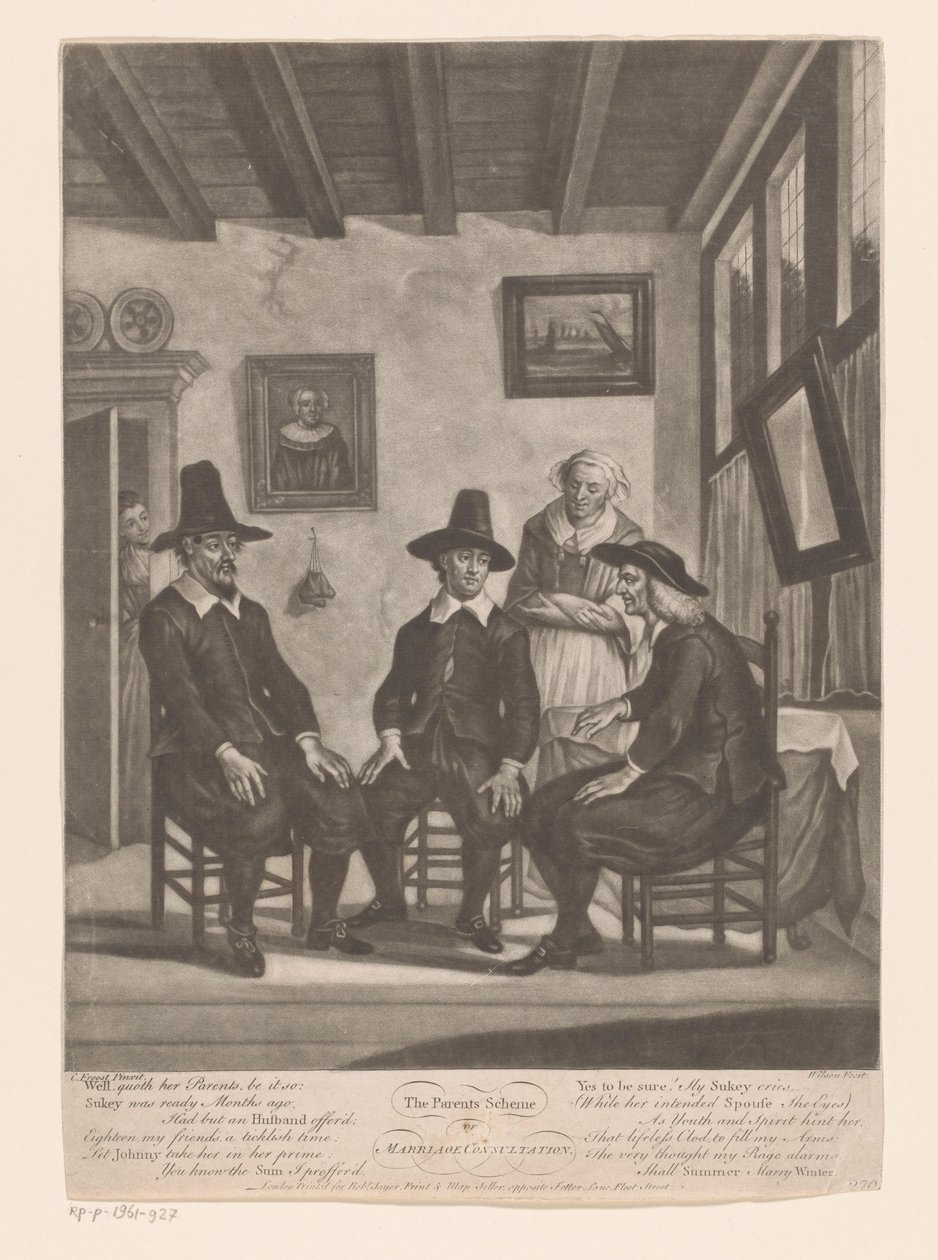 Tre mænd i samråd, mens en ung kvinde lytter i dørkarmen Forældreordningen / eller / Ægteskabskonsultation (titel på objekt) af James Wilson