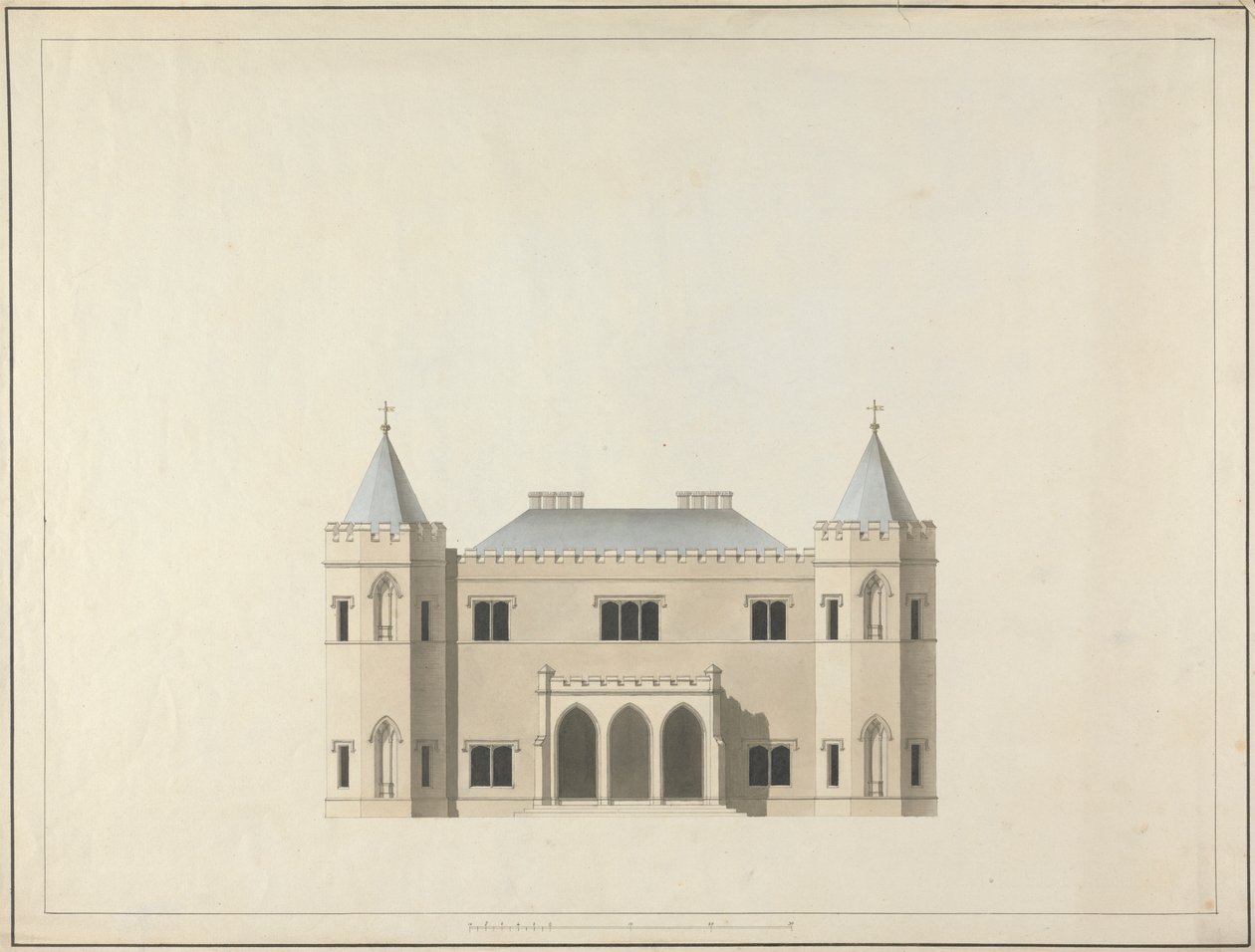 Fem designs til et hus i gotisk stil: elevation af James Wyatt