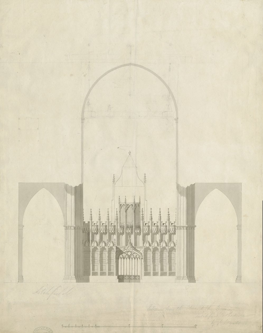 Interiør af Lichfield Cathedral - Indgang fra kor til skib: tegning og vask, nd [c 1780] af James Wyatt