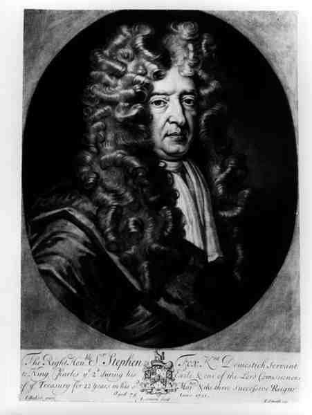 Sir Stephen Fox (1627-1716) 75 år, graveret af J. Simon, 1701 af James after Baker