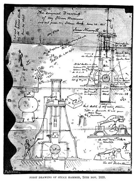 Første tegning af Steam Hammer, 24. november 1839, fra en revet ud side fra Nasmyths skitsebog, indgraveret af R. Paterson af James after Nasmyth