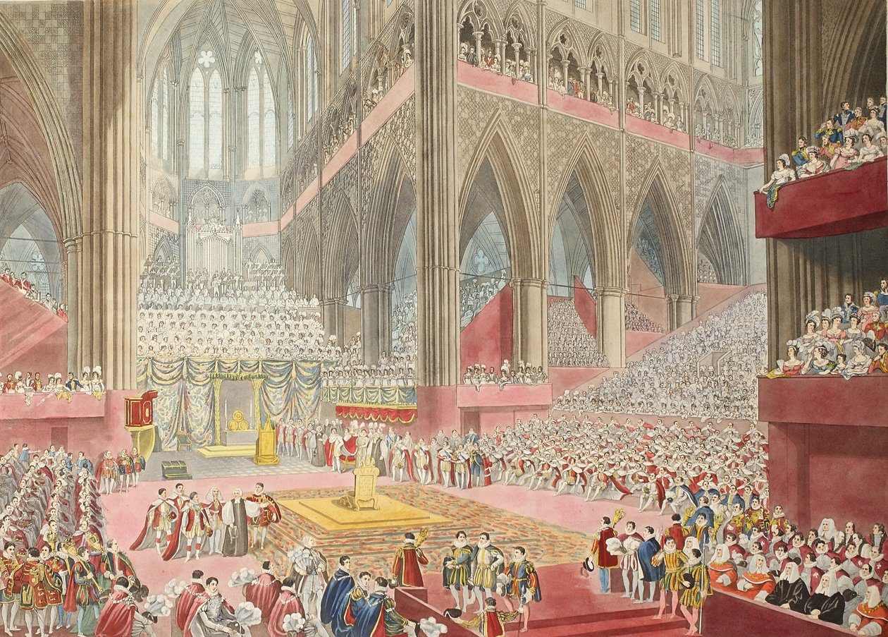Kroningen af Hans Majestæt George den Fjerde: Taget på tidspunktet for anerkendelsen, udgivet. 1822 (håndkoloreret gravering) af James after Stephanoff