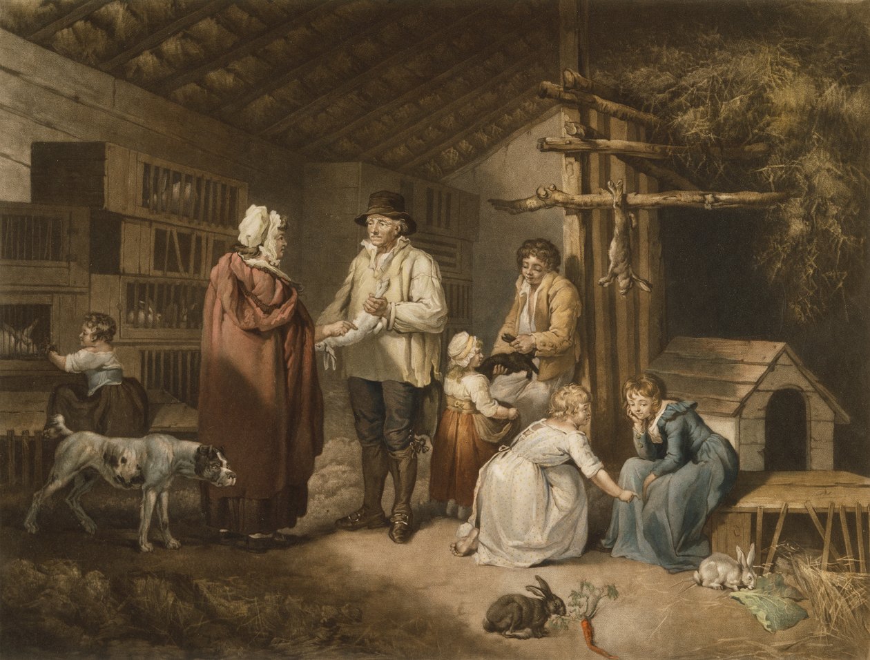 Selling Rabits, graveret af William Ward (1766-1826) 1796 (farvet mezzotint) af James after Ward