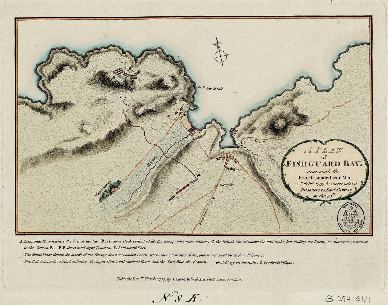 En plan over Fishguard Bay, hvor franskmændene landede 1200 mand den 22. februar 1797 og overgav fanger til Lord Cawdor den 24. februar. af James and Laurie Robert (1755 1836) Whittle