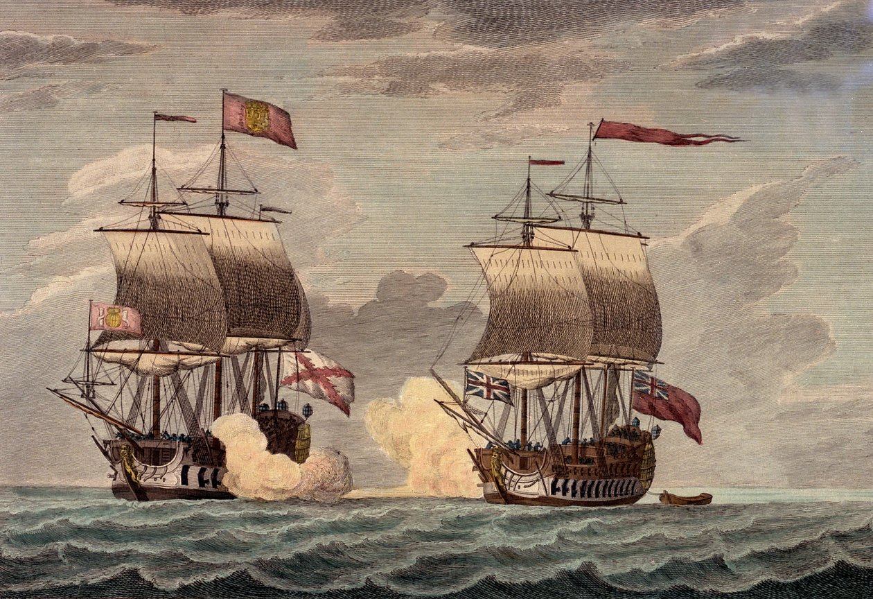 "Kommandør Anson i Centurion med en besætning på 227, hvoraf 30 var drenge, angreb den 20. juni 1743 omkring klokken to om eftermiddagen og tvang på mindre end en halv time det rige Acupulco-skib Nuestra Senora de Capodongo til at slå til og overgive sig. af James and Laurie Robert (1755 1836) Whittle