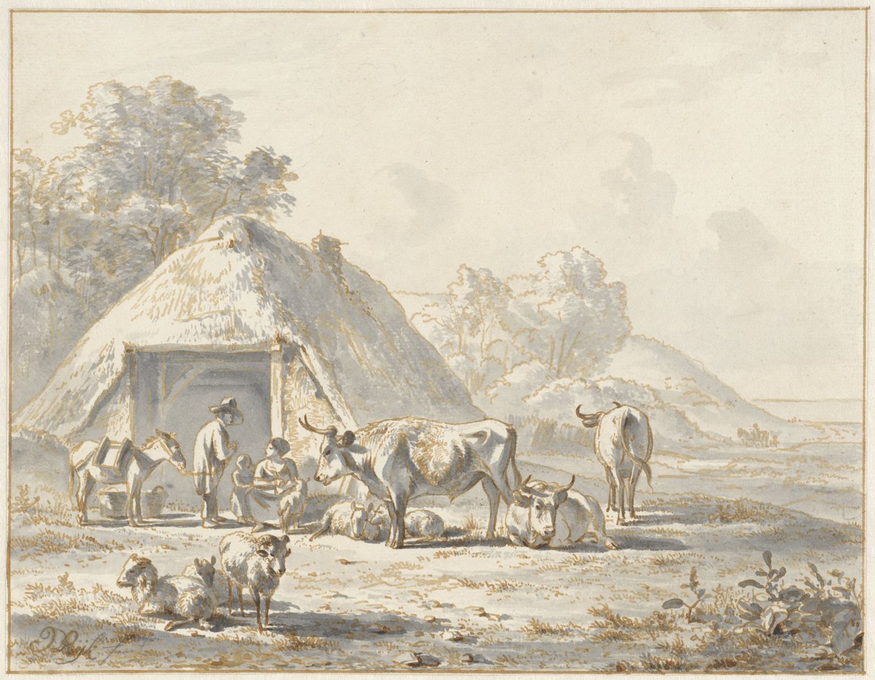 Kvæg og figurer foran en lade af James de Rijk