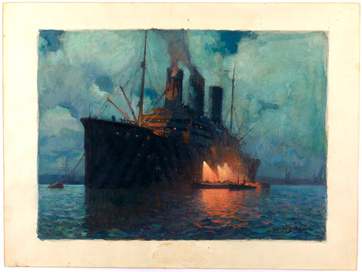Coaling a Transport at Night, ca. 1919 (olie på pap) af James de Vine Aylward
