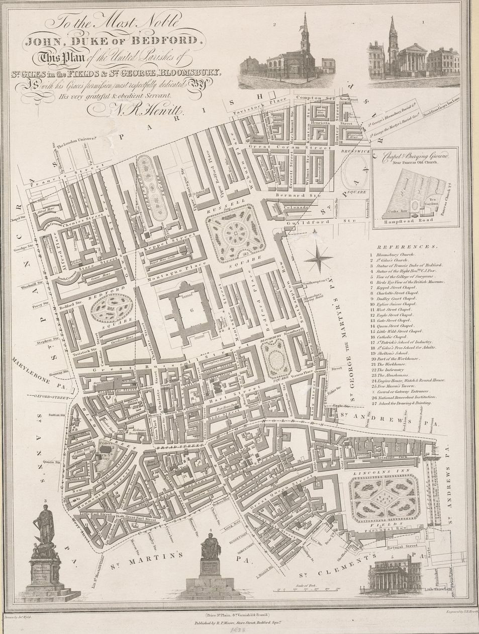 Til den højadelige John, hertug af Bedford. Denne plan over de forenede sogne St. Giles in the Fields  St. George, Bloomsbury af James the Elder Wyld