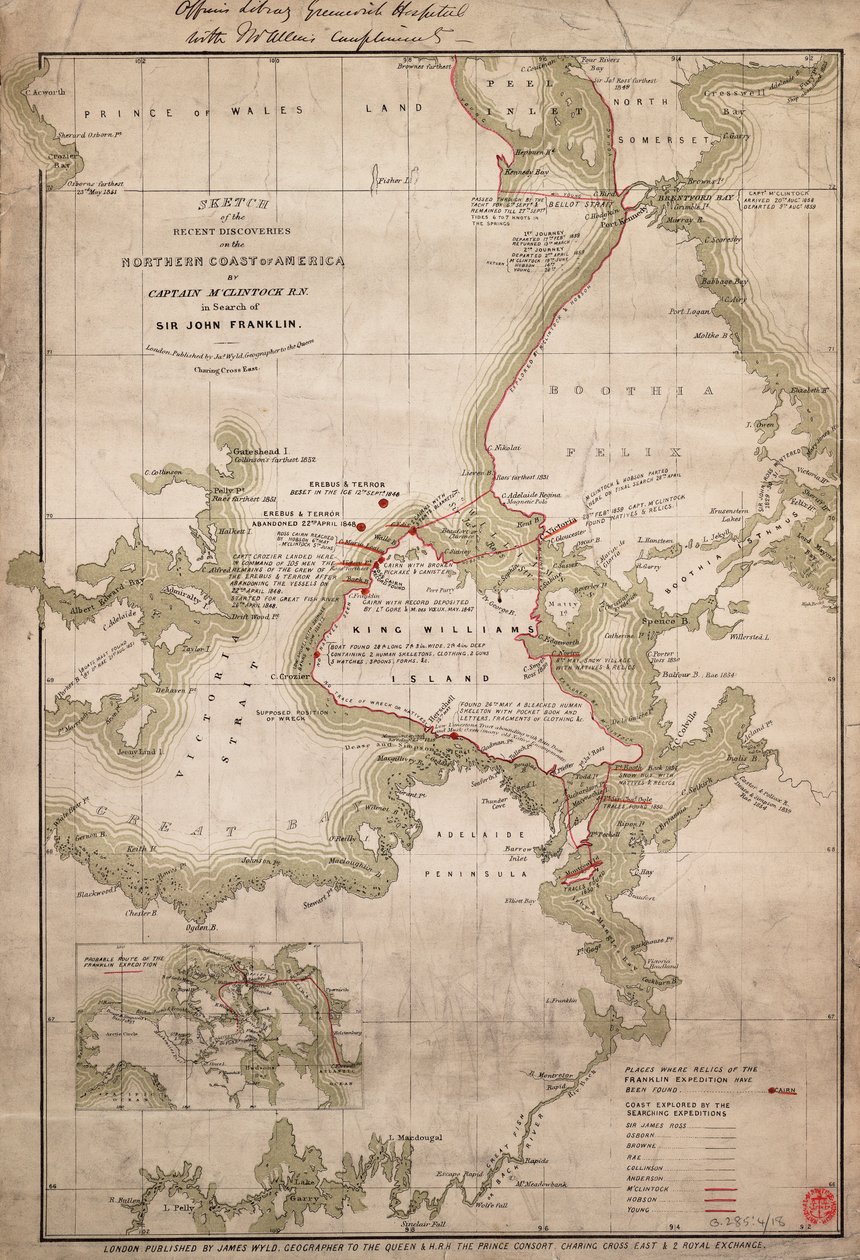 Skitse af opdagelser på Amerikas nordkyst af kaptajn McClintock RN på jagt efter Sir John Franklin, ca. 1859 (koloreret stik) af James the Younger Wyld