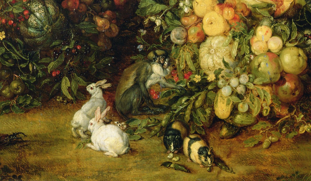 Jomfruen og barnet i en krans af frugt og blomster, detalje af dyr, ca. 1614-18 (detalje af 36912) af Jan and Rubens, P.P. Brueghel
