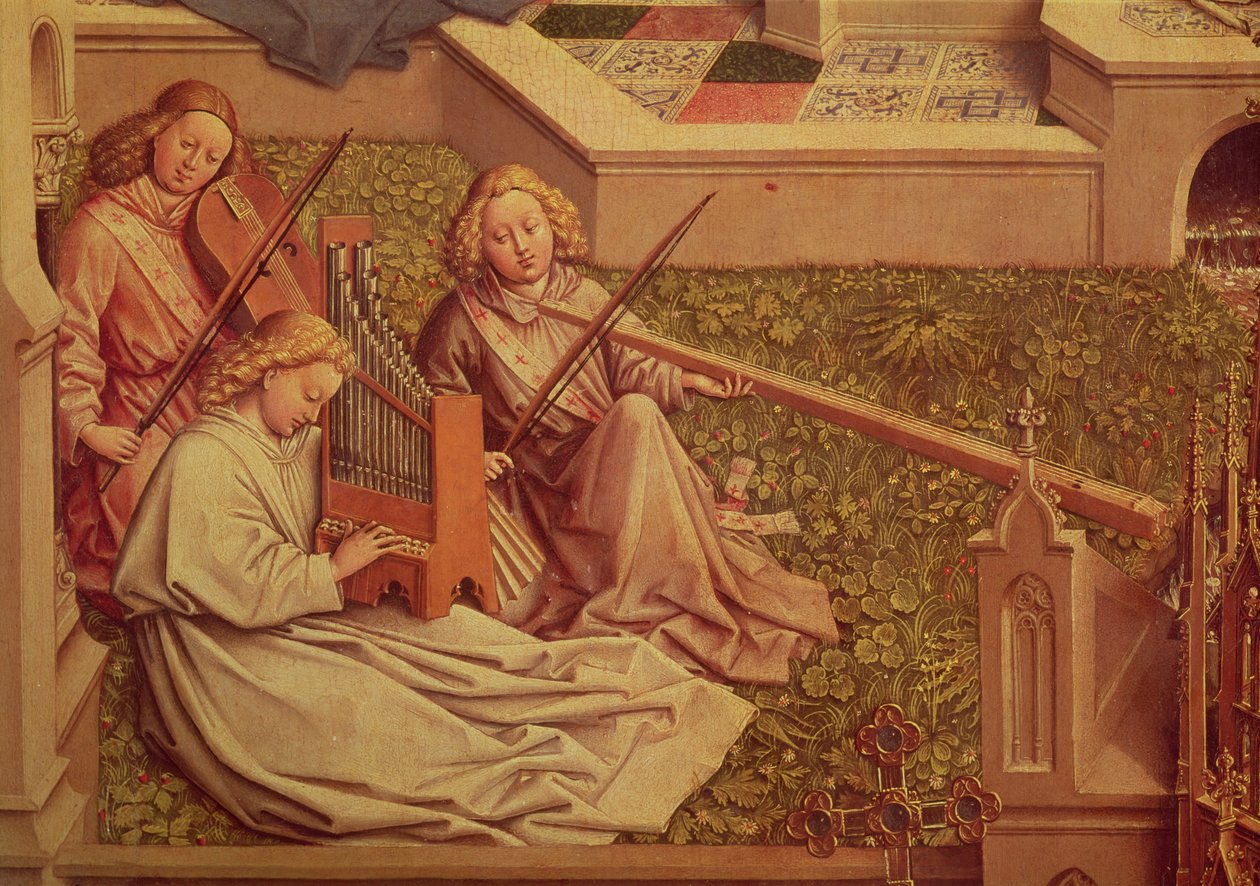 The Fountain of Grace, detalje af tre englemusikere af Jan van Eyck
