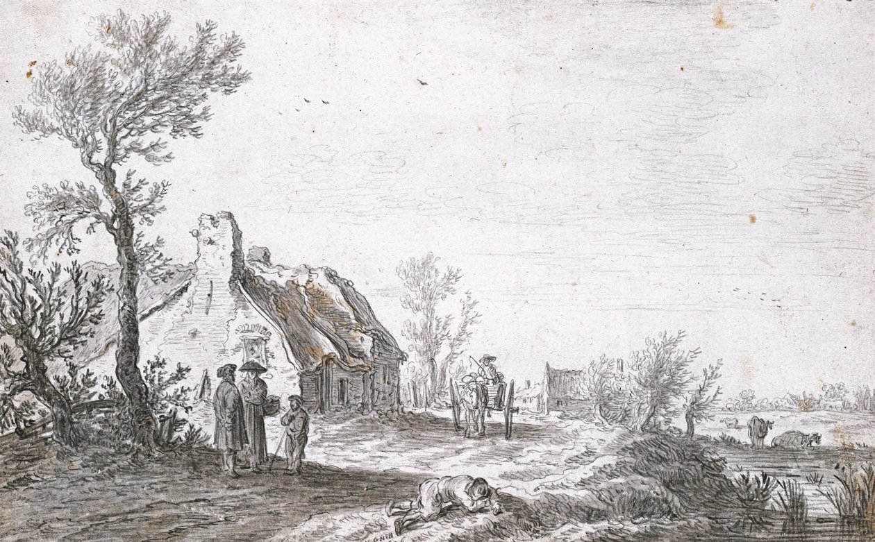 Landevej med en hundevogn foran en gård, 1626 af Jan Josephsz van Goyen