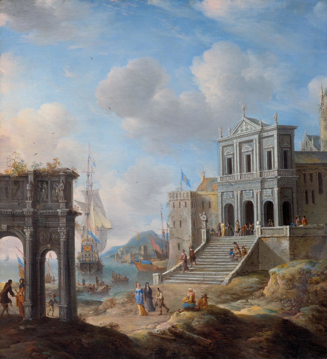 Capriccio med Konstantinsbuen og San Gregorio Kirke Magno al Celio Kirke ved siden af ​​en havn af Jan Abrahamsz. Beerstraten