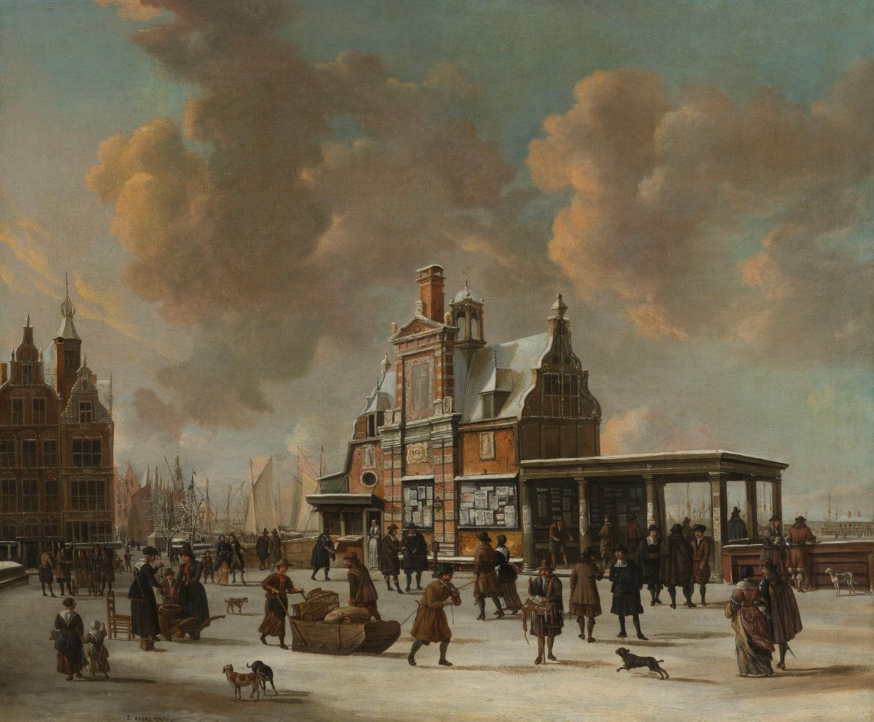 Paalhuis og Nieuwe Brug i Amsterdam om vinteren af Jan Abrahamsz. Beerstraten