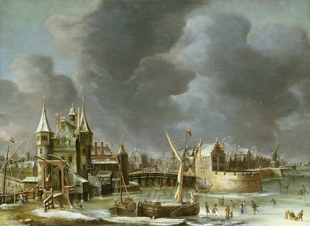 Udsigt over Regulierspoort, Amsterdam, om vinteren af Jan Abrahamsz. Beerstraten