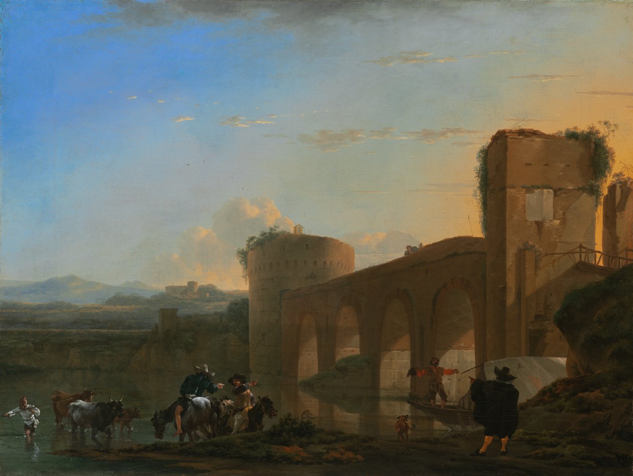 Tiber -floden med Ponte Molle ved solnedgang af Jan Asselijn