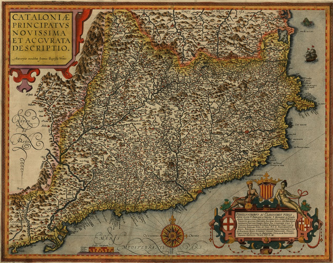 Kort over Catalonien med titlen Cataloniens sidste og præcise beskrivelse trykt i Antwerpen i 1608 af Jan Baptist Vrients af Jan Baptist Vrients