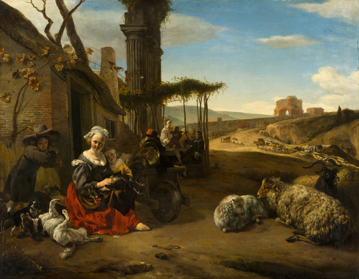 Italiensk landskab med kro og gamle ruiner af Jan Baptist Weenix