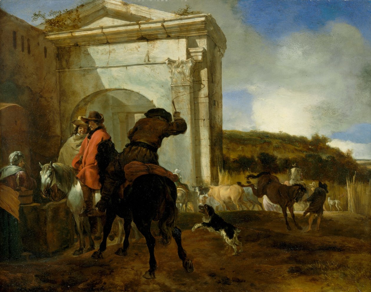 Italiensk landskab med ryttere ved et forår af Jan Baptist Weenix