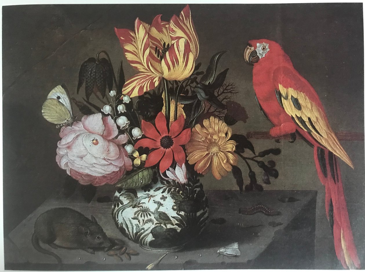 Vase med blomster med mus og papegøje af Jan Baptist van Fornenburgh