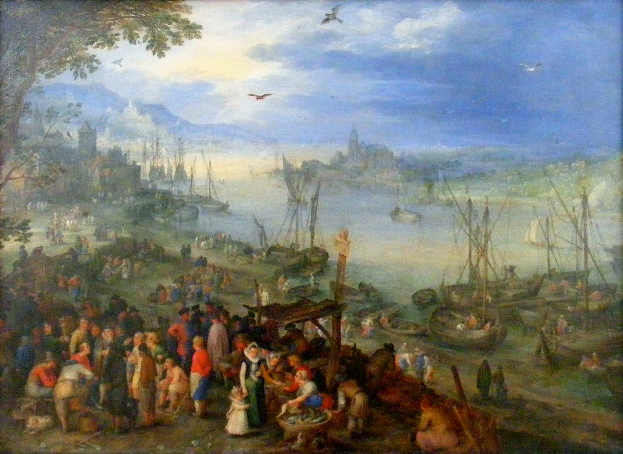 Fiskemarked på bredden af ​​en flod af Jan the Elder Brueghel