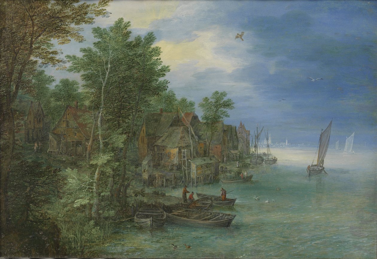 Udsigt over en landsby ved en flod af Jan the Elder Brueghel
