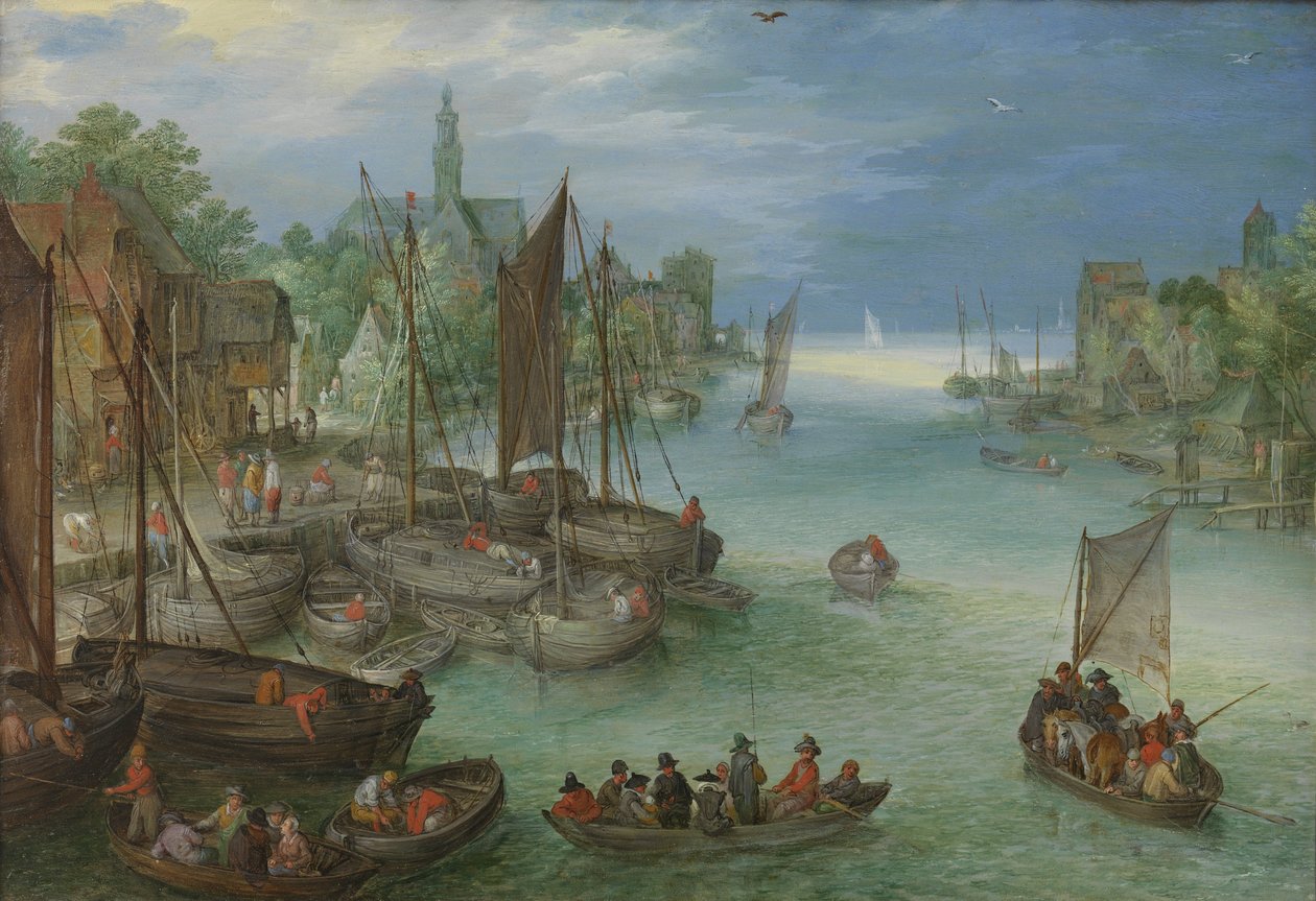 Udsigt over en by ved en flod af Jan the Elder Brueghel
