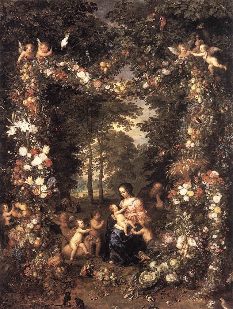 Hellig familie i en krans af blomster og frugter af Jan the Elder Brueghel