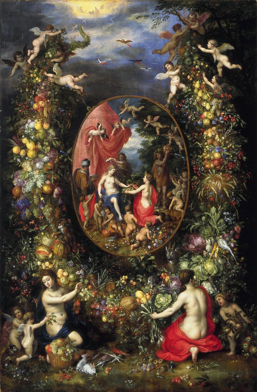 Krans af frugt og blomster omkring en allegori af landbrug af Jan the Elder Brueghel