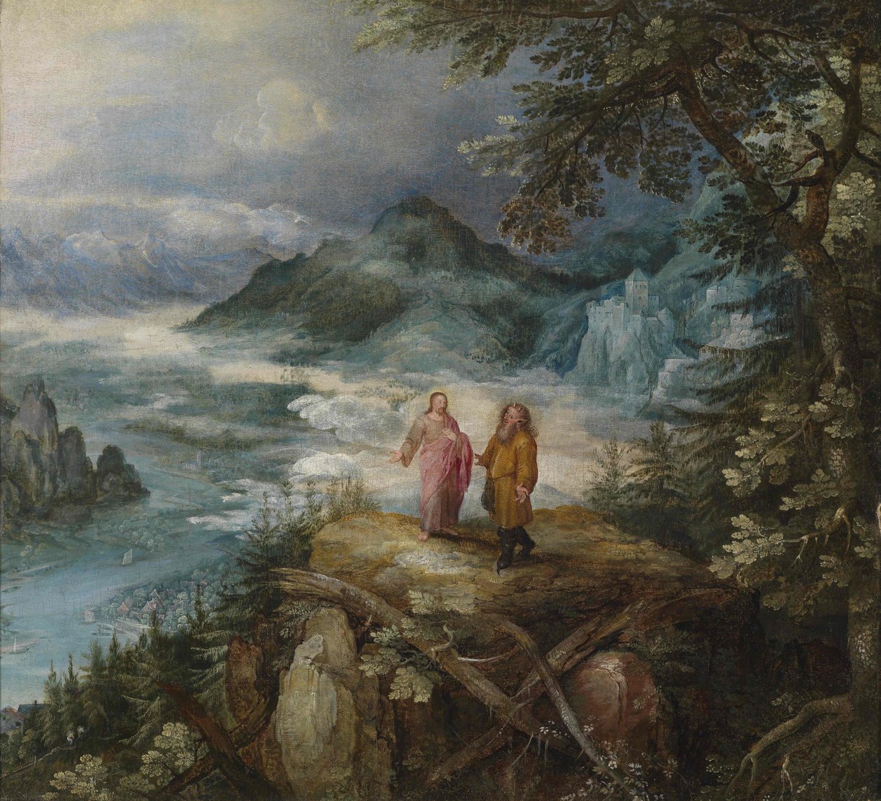 Bredt bjerglandskab med Kristi fristelse af Jan the Elder Brueghel