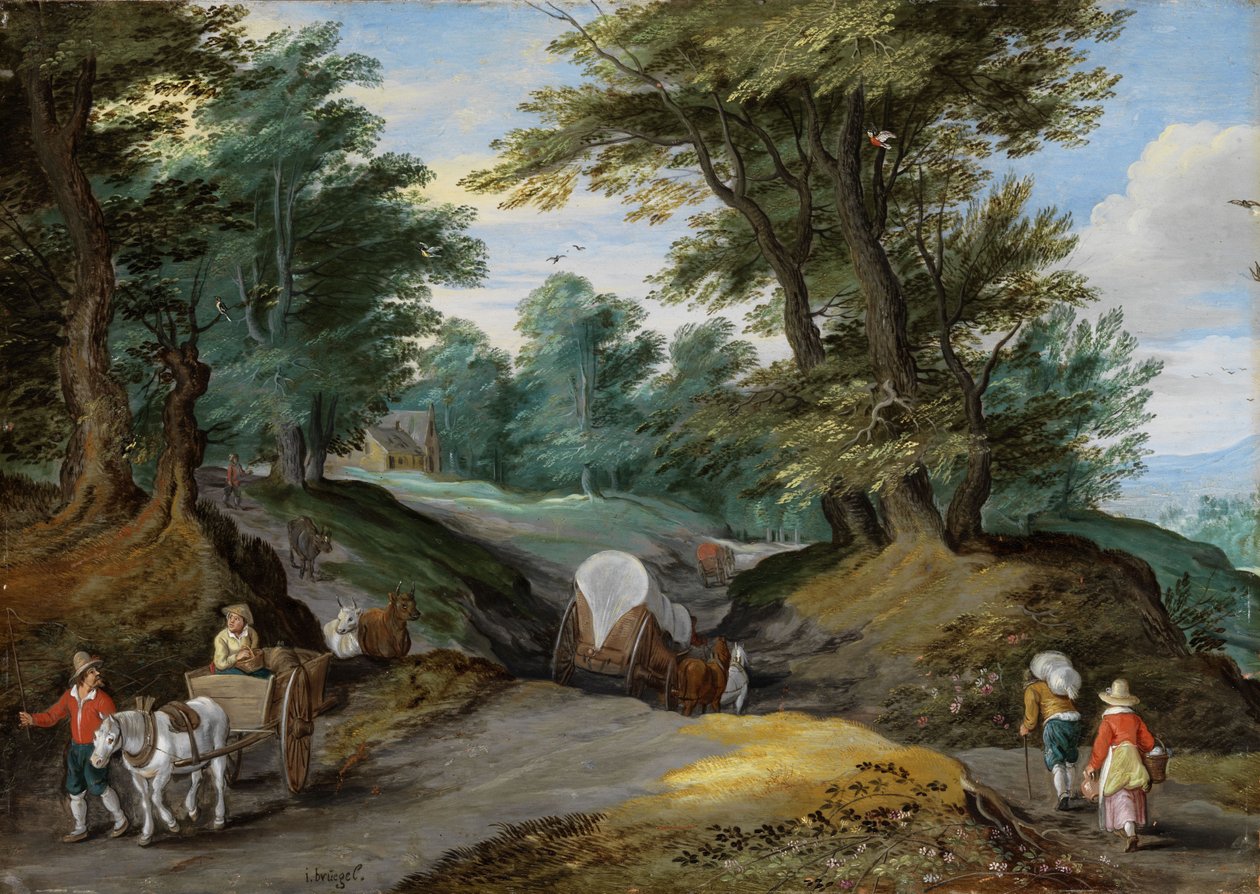 Skovklædt landskab med hestevogne og til markedet, der tiltrækker landmænd af Jan Brueghel the Younger