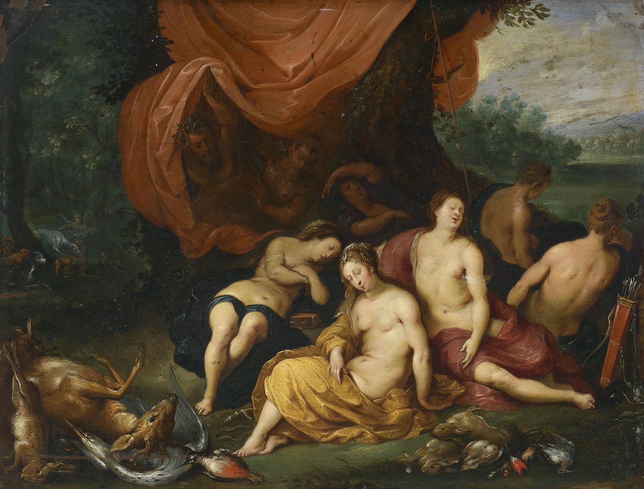 Diana og hendes nymfer efter jagten, overhørt af satyrer af Jan Brueghel the Younger