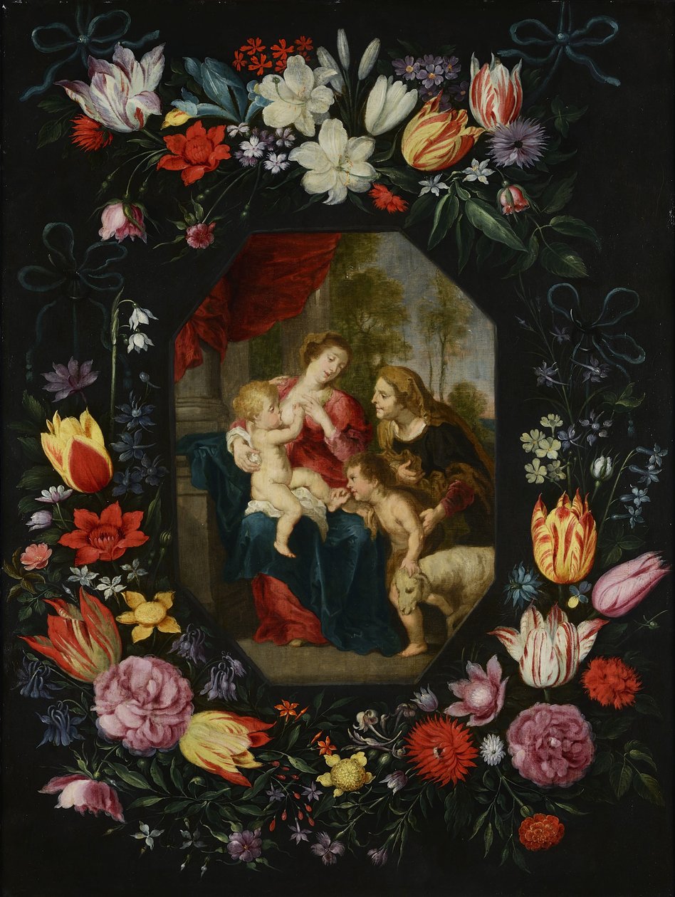 Jomfru og barn med St. Elizabeth og døberen Johannes i en blomsterkrans af Jan Brueghel the Younger