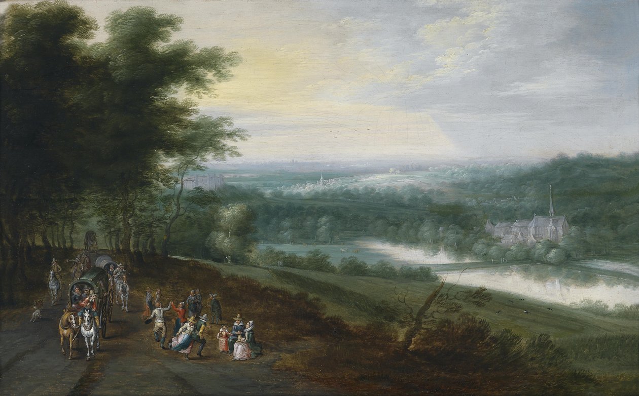 Bredt flodlandskab med rejsende og dansende bønder på en sti, i baggrunden et klosterkompleks af Jan Brueghel the Younger