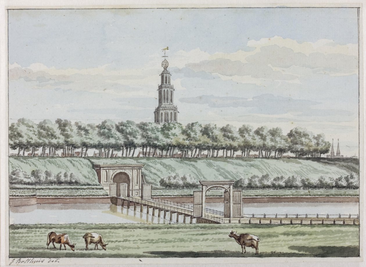 Udvendigt af Herepoort og Herepoortenbrug med bymur i Groningen af Jan Bulthuis