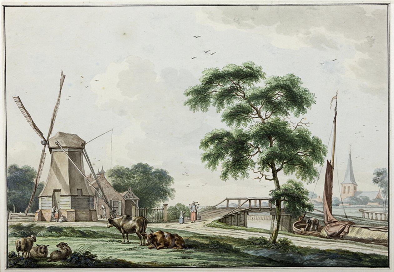 Ulrumertil over kanalen med skrælmølle og Ulrum kirke i baggrunden af Jan Bulthuis