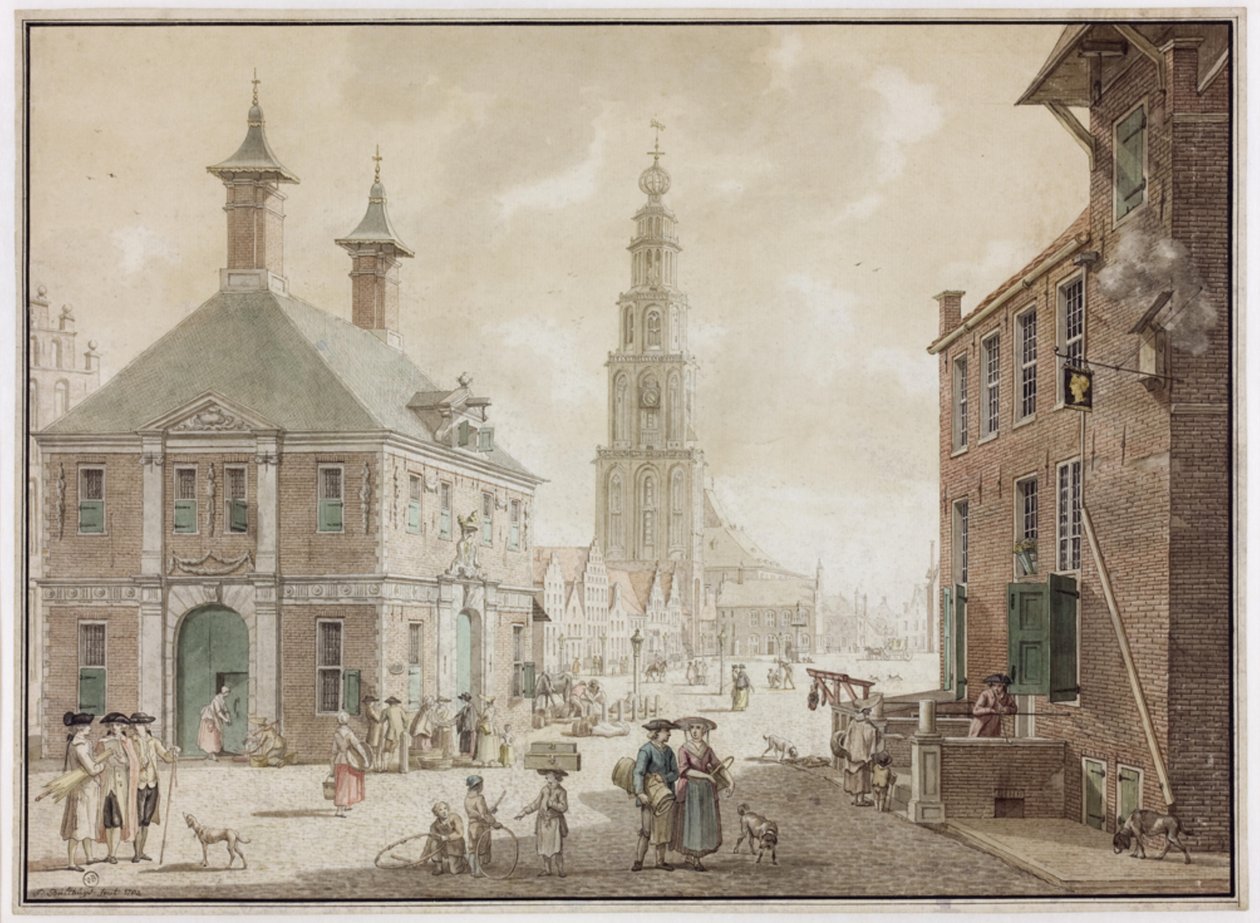 Grote Markt med vejehus og kro Het Gouden Hoofd af Jan Bulthuis