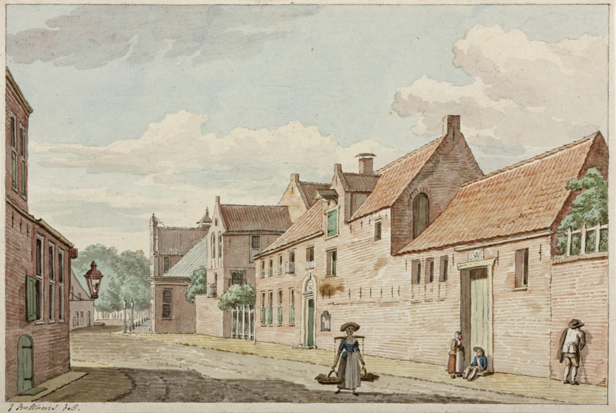 Munnekeholm med det vestindiske hus til højre og Aduardergasthuis i baggrunden af Jan Bulthuis
