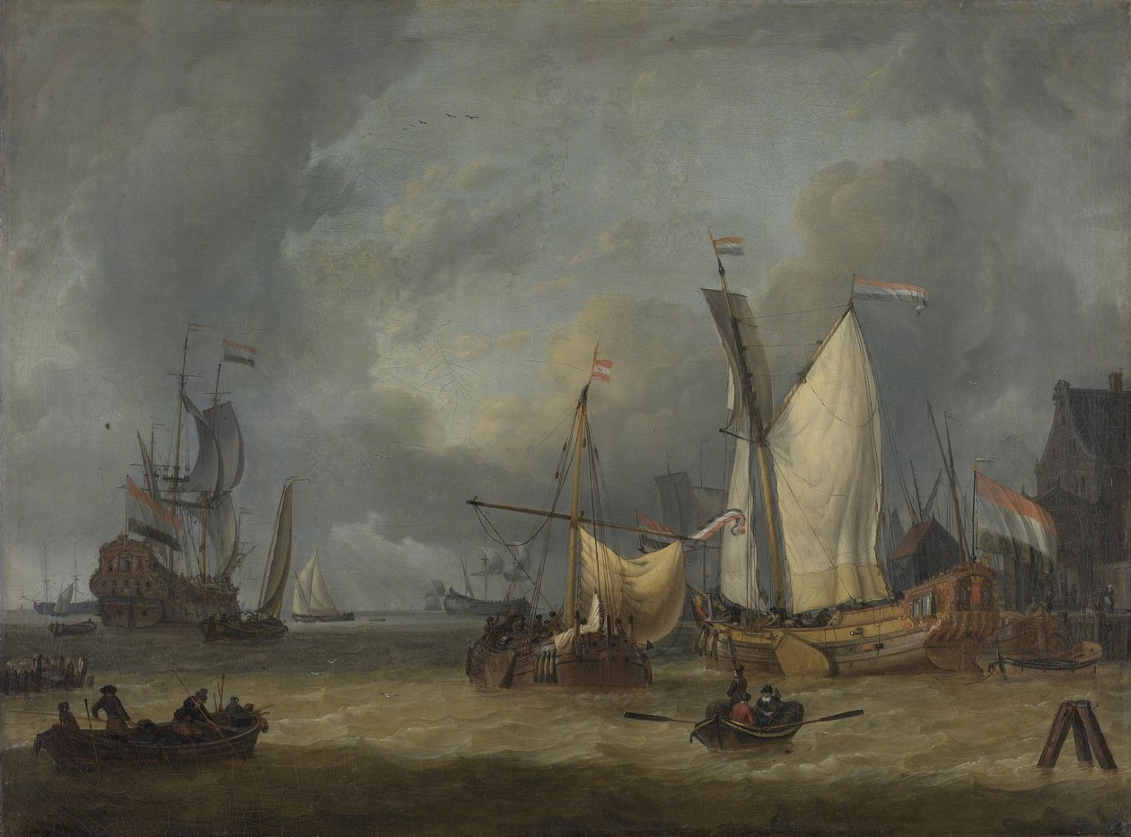 Skibe i havnen med en stærk brise af Jan Claesz Rietschoof