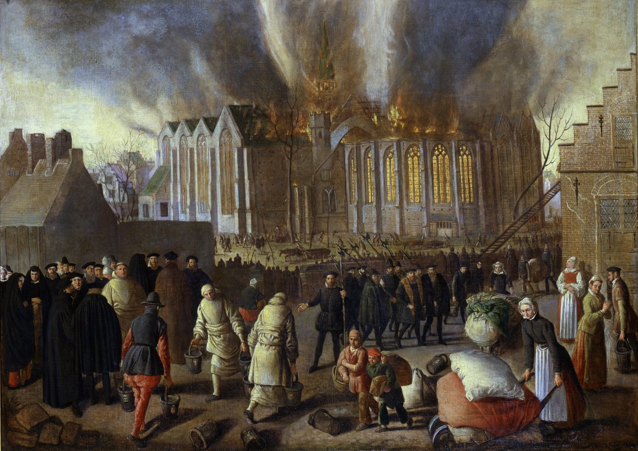 Nieuwkerk i Dordrecht i brand i 1568 af Jan Doudijn