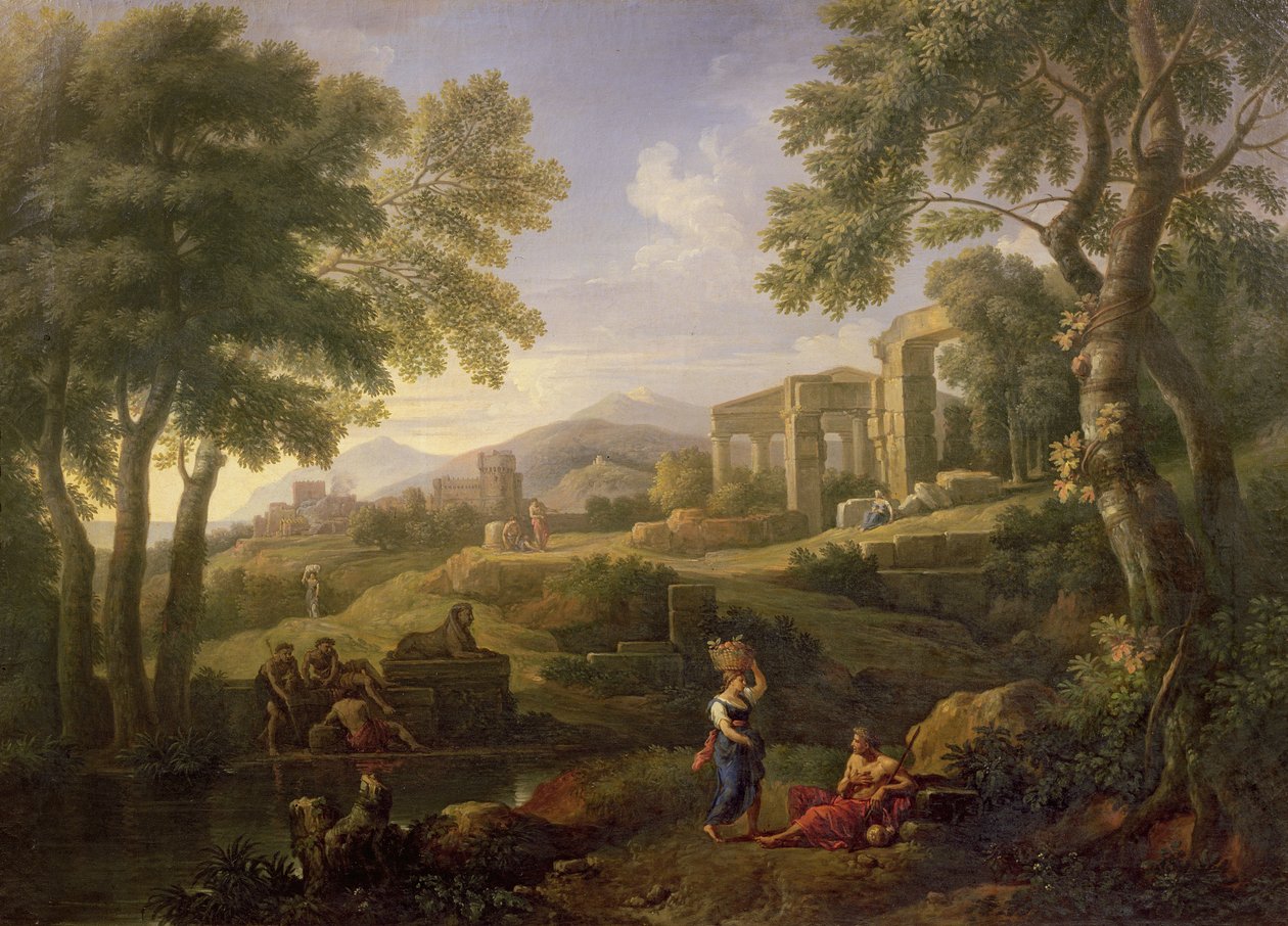 Klassisk landskab med figurer og ruiner af Jan Frans van Bloemen