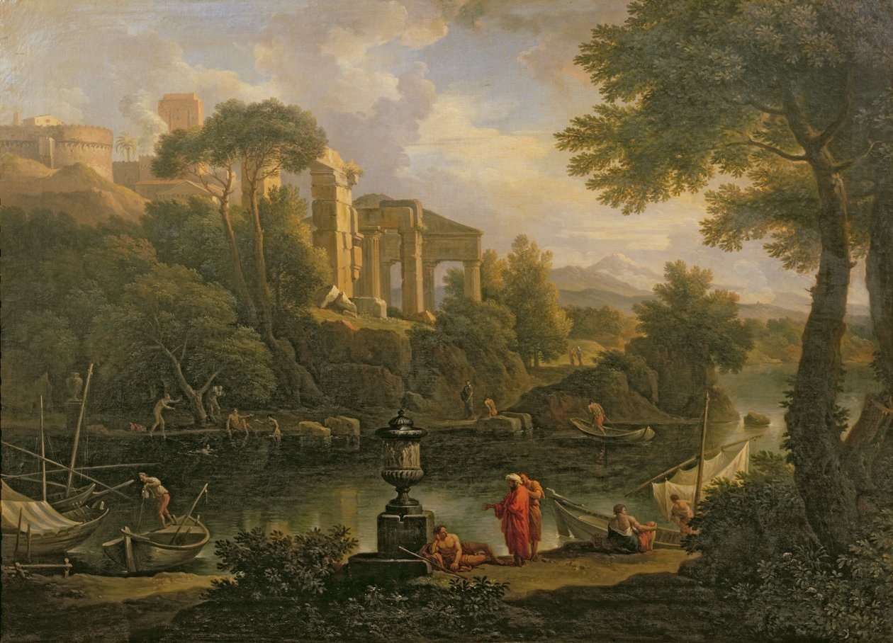 Landskab med figurer ved en pool med ruiner i baggrunden af Jan Frans van Bloemen